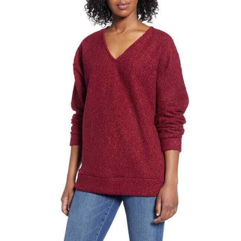 Caslon Womens Faux Shearling Teddy Sweater XS V Neck Long Sleeve Pullover NEW